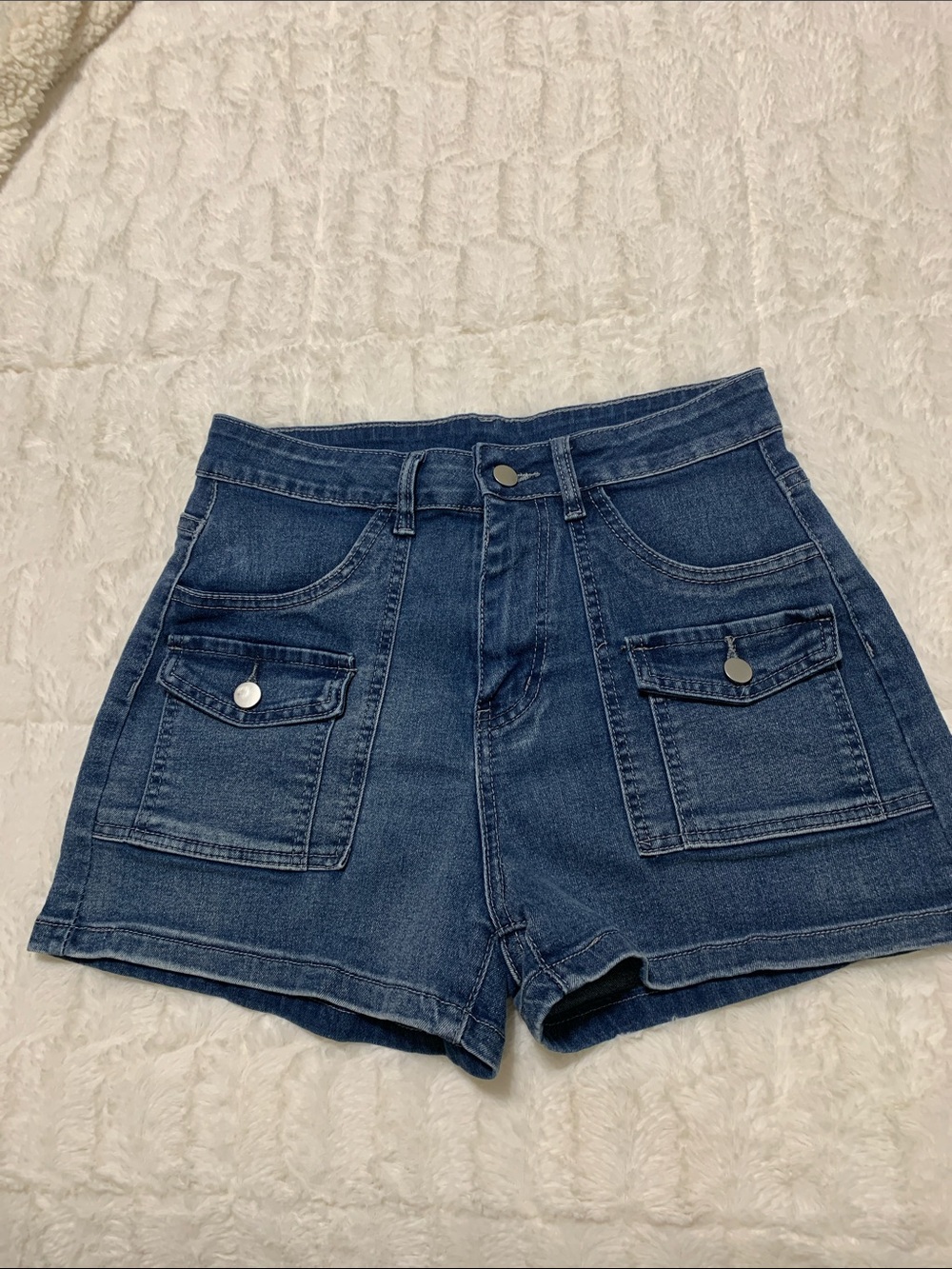 High-Rise Denim Utility Shorts - Blue
